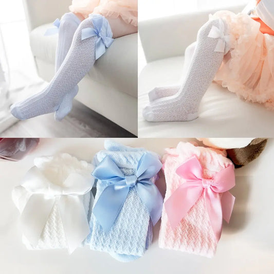 3 Pairs White, Pink and Blue. Bow Knee High Socks