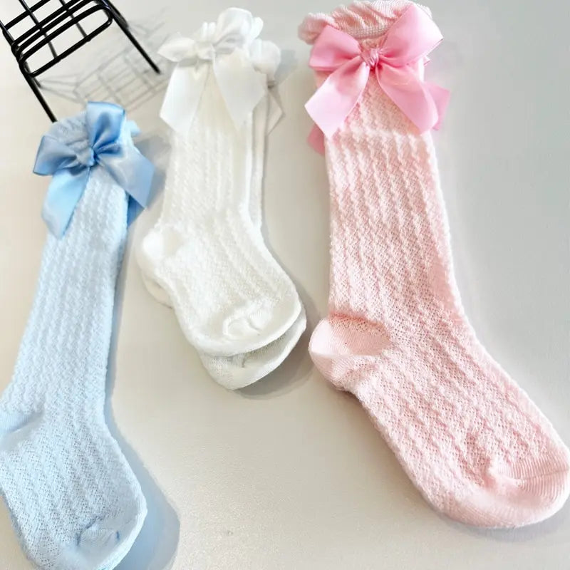 3 Pairs White, Pink and Blue. Bow Knee High Socks